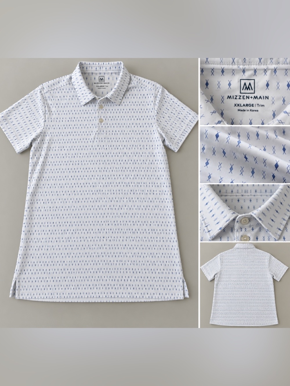 Mizzen+Main Men’s XXL Trim Fit White Blue Print Performance Polo
